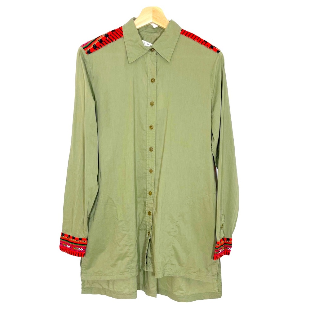NWT Artisan de Luxe Tribal Embroidered Shirt Top Button Front Green Sz M